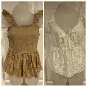 Bundle of Women's Ruffled Eyelet Tops - Tan and White
